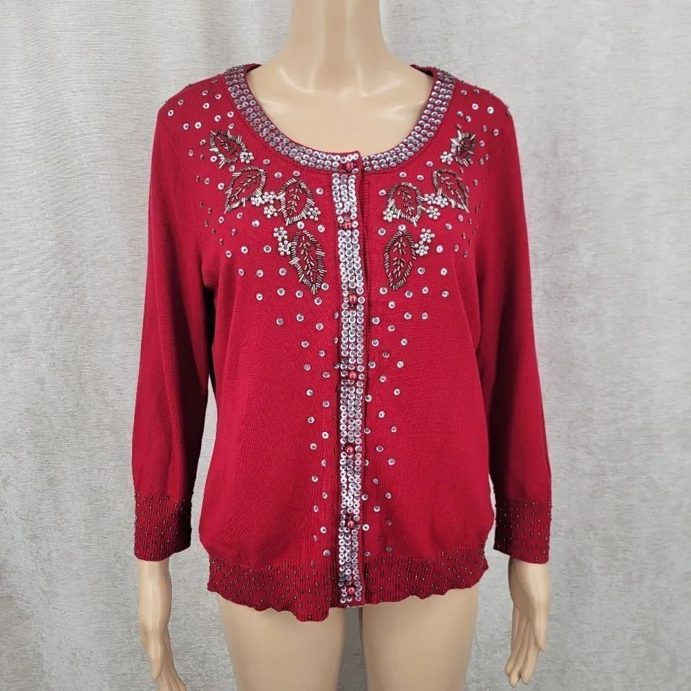 Liz Claiborne Silk Blend Red Embellished Cardigan Sweater Beaded Lined